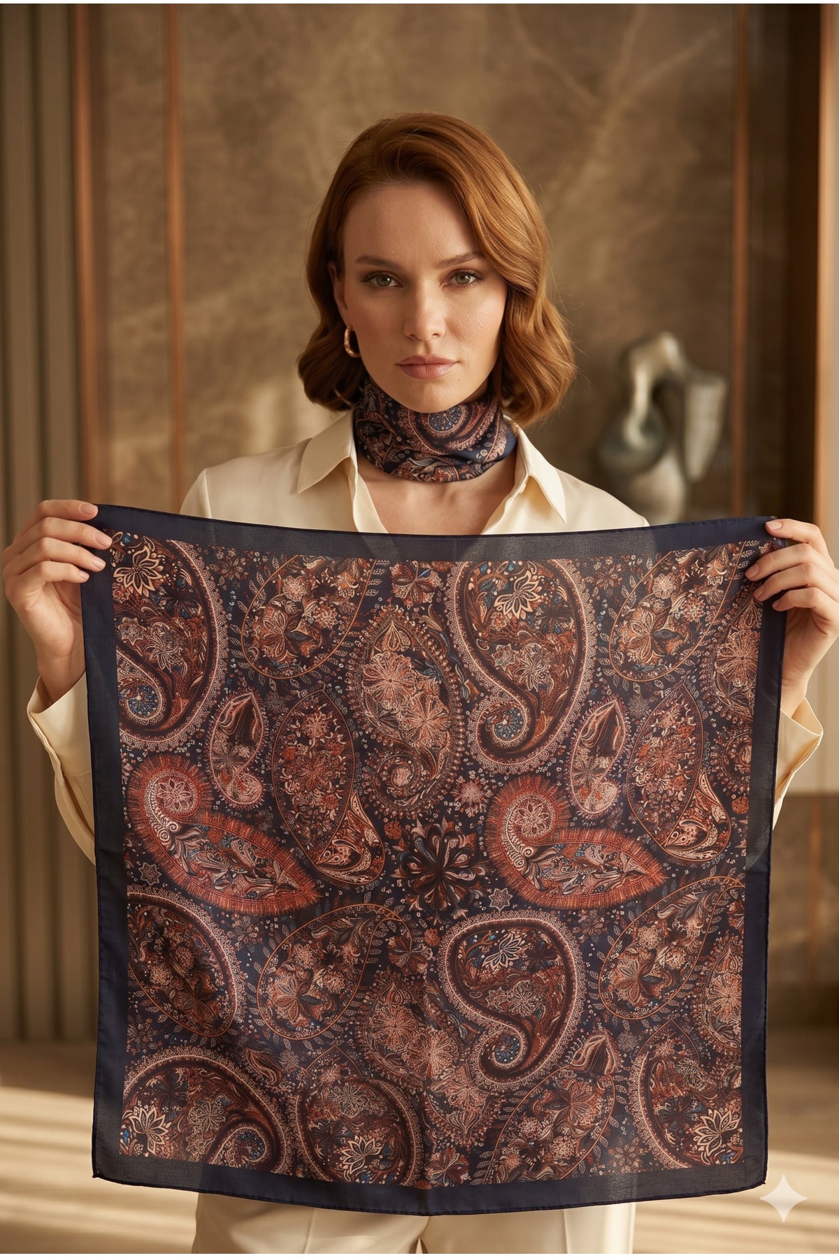 Kadın Desenli Saten Boyun Fuları Bandana 70x70 Lacivert Bordo Ekru FLR2002 - FLR2002-lacivert