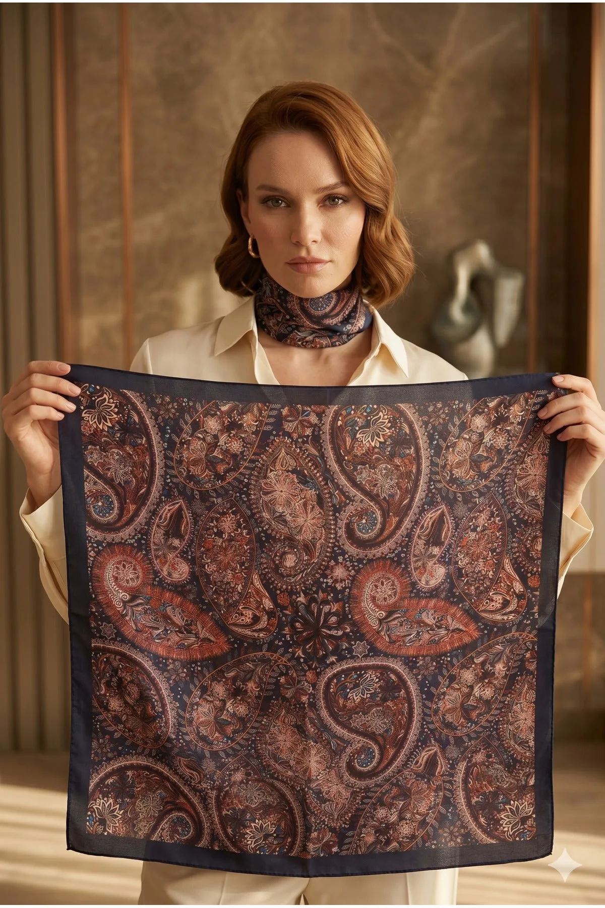 Kadın Desenli Saten Boyun Fuları Bandana 70x70 Lacivert Bordo Ekru FLR2002 - FLR2002-lacivert