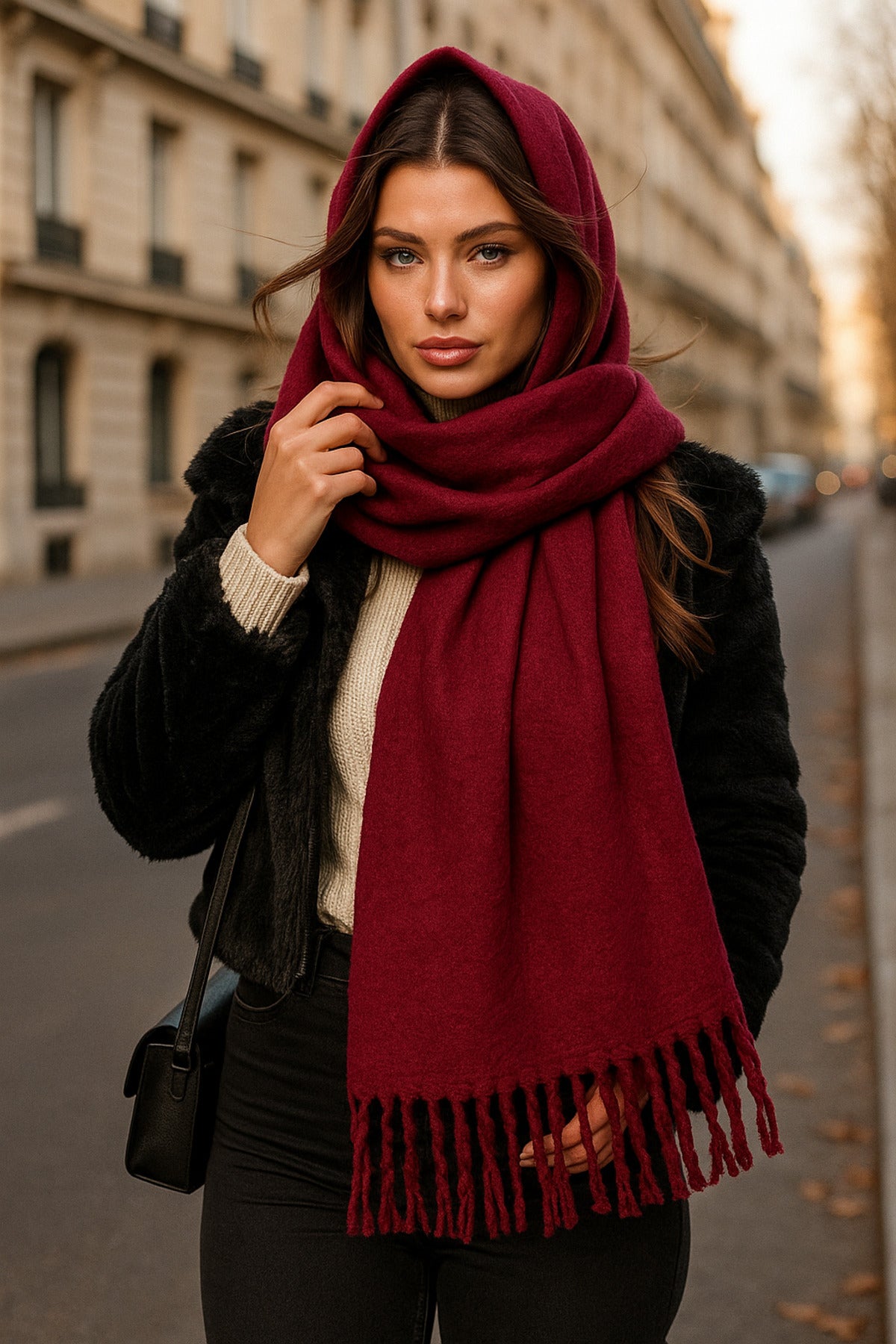 Kadın Bordo Düz Püsküllü Atkı Şal 45x210 Cm Sal1257 - Bordo