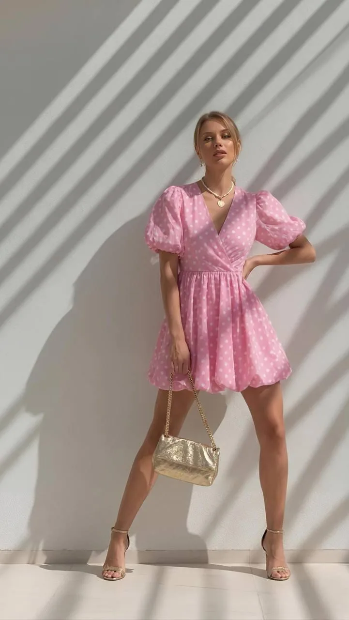 Yaz Esintisi Puantiyeli Kruvaze Elbise - Pembe – Pembe, S