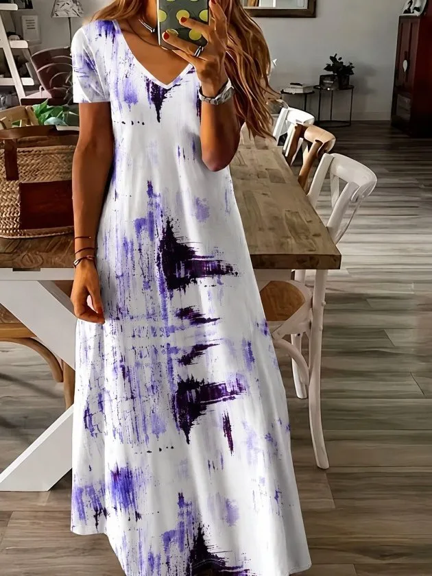 Kadın Kısa Kollu V Yakalı Desenli Uzun Süprem Elbise, 34898 - Mor – Mor, 2XL-3XL