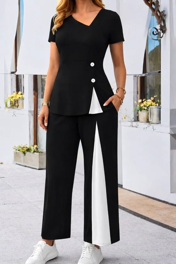 Kadın Kısa Kollu Asimetrik V Yakalı Yandan Düğmeli Janjankrep Bluz Ve Pantolon Ikili Takım, 34918 - Siyah – Siyah, 2XL-3XL