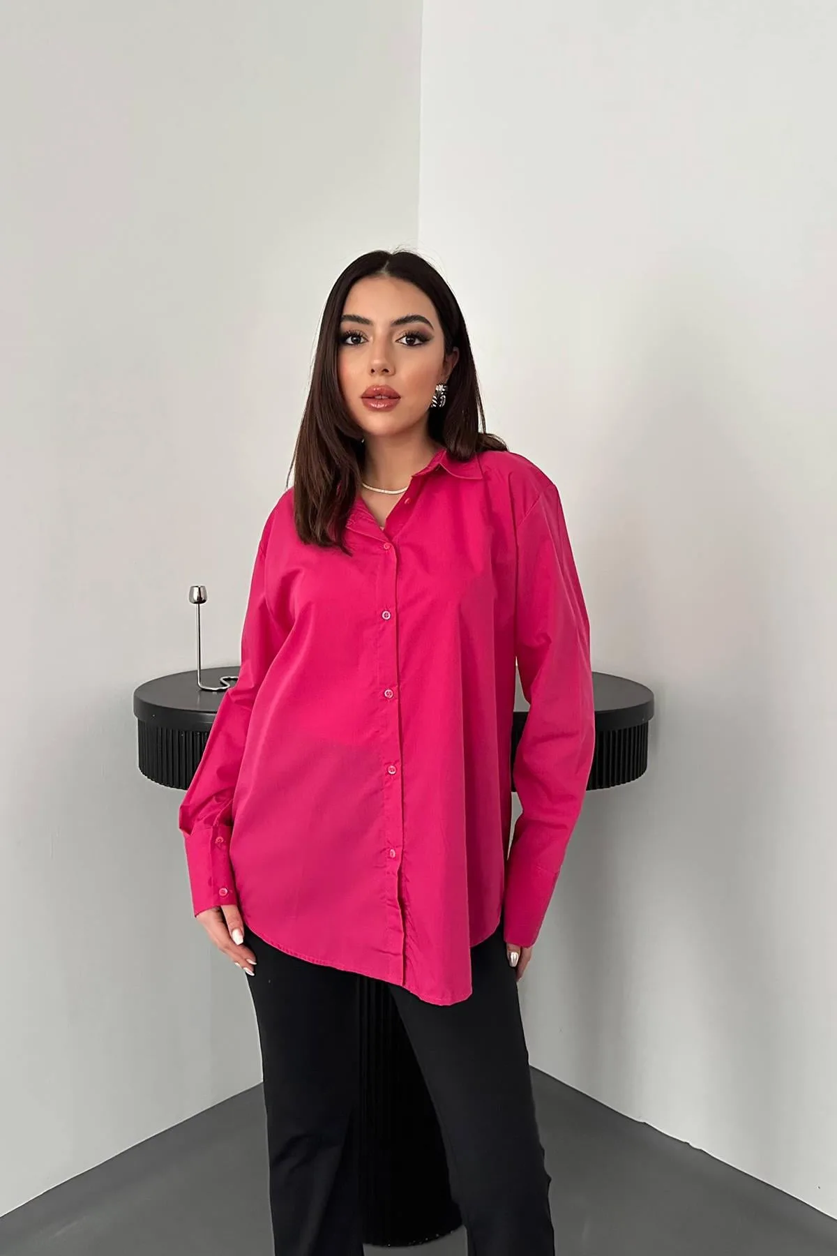 Fuşya Poplin Gömlek - Fuşya – Fuşya, L