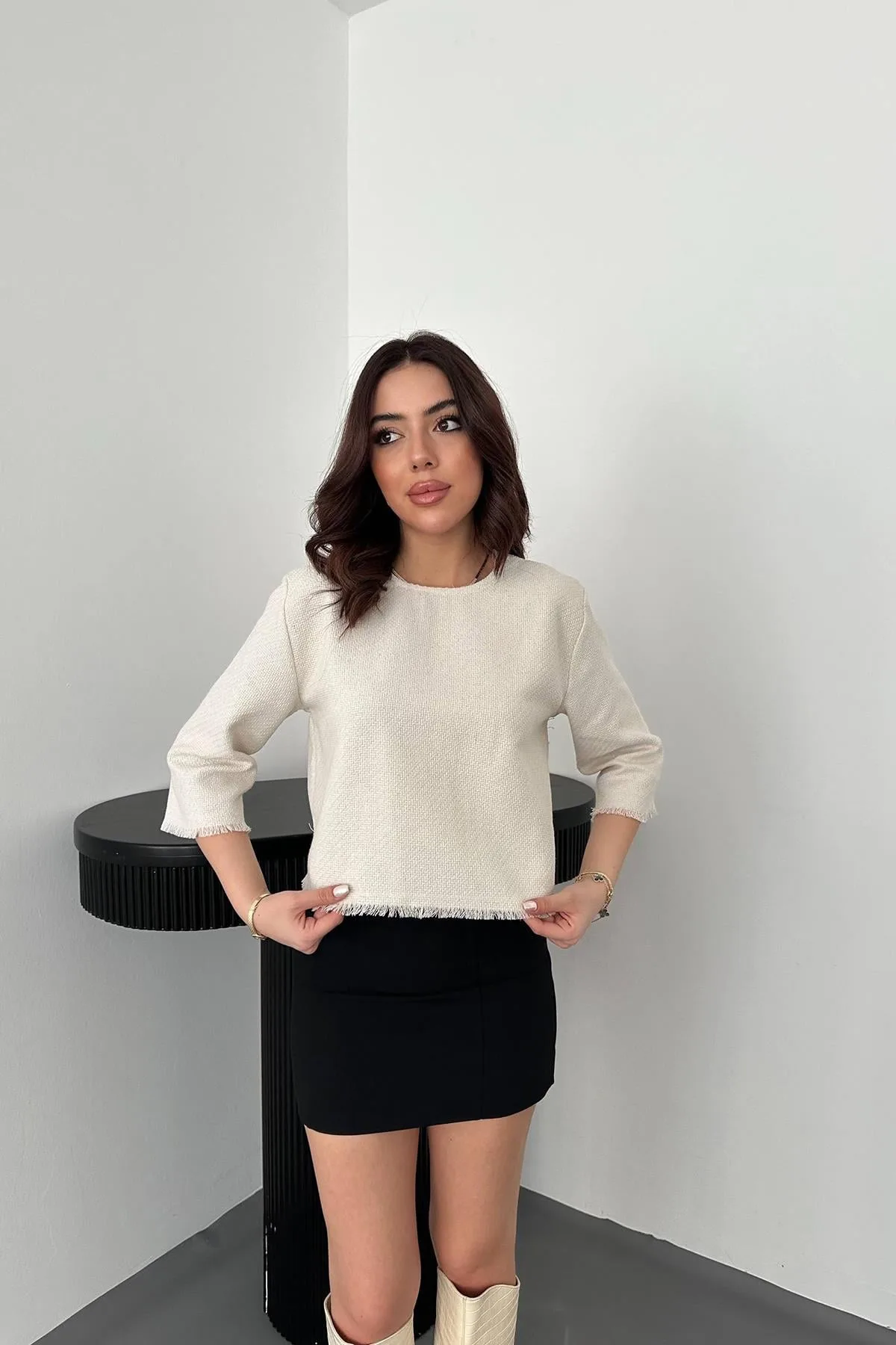 Beyaz Püskül Detaylı Bluz - Beyaz – Beyaz, L