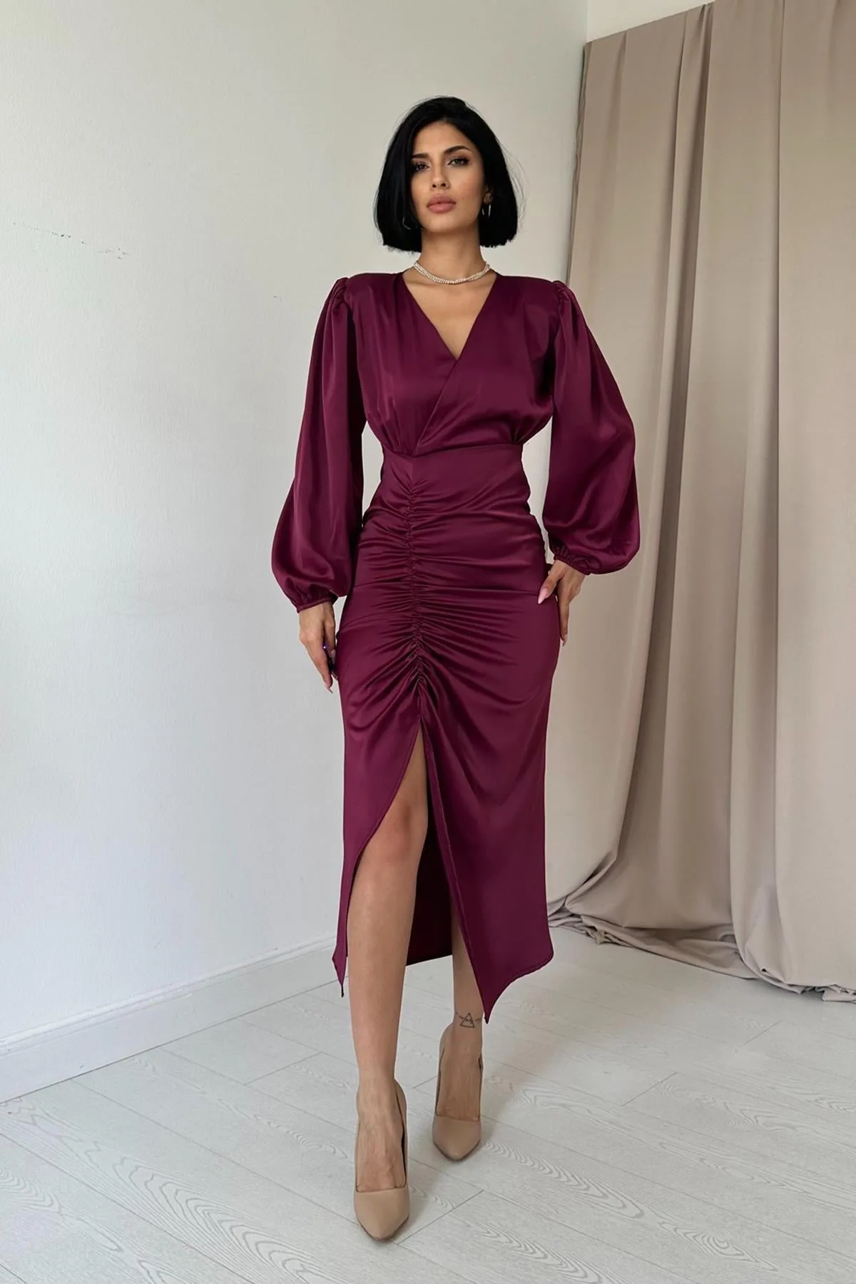 Mor V Yaka Saten Elbise - Mor – Mor, L
