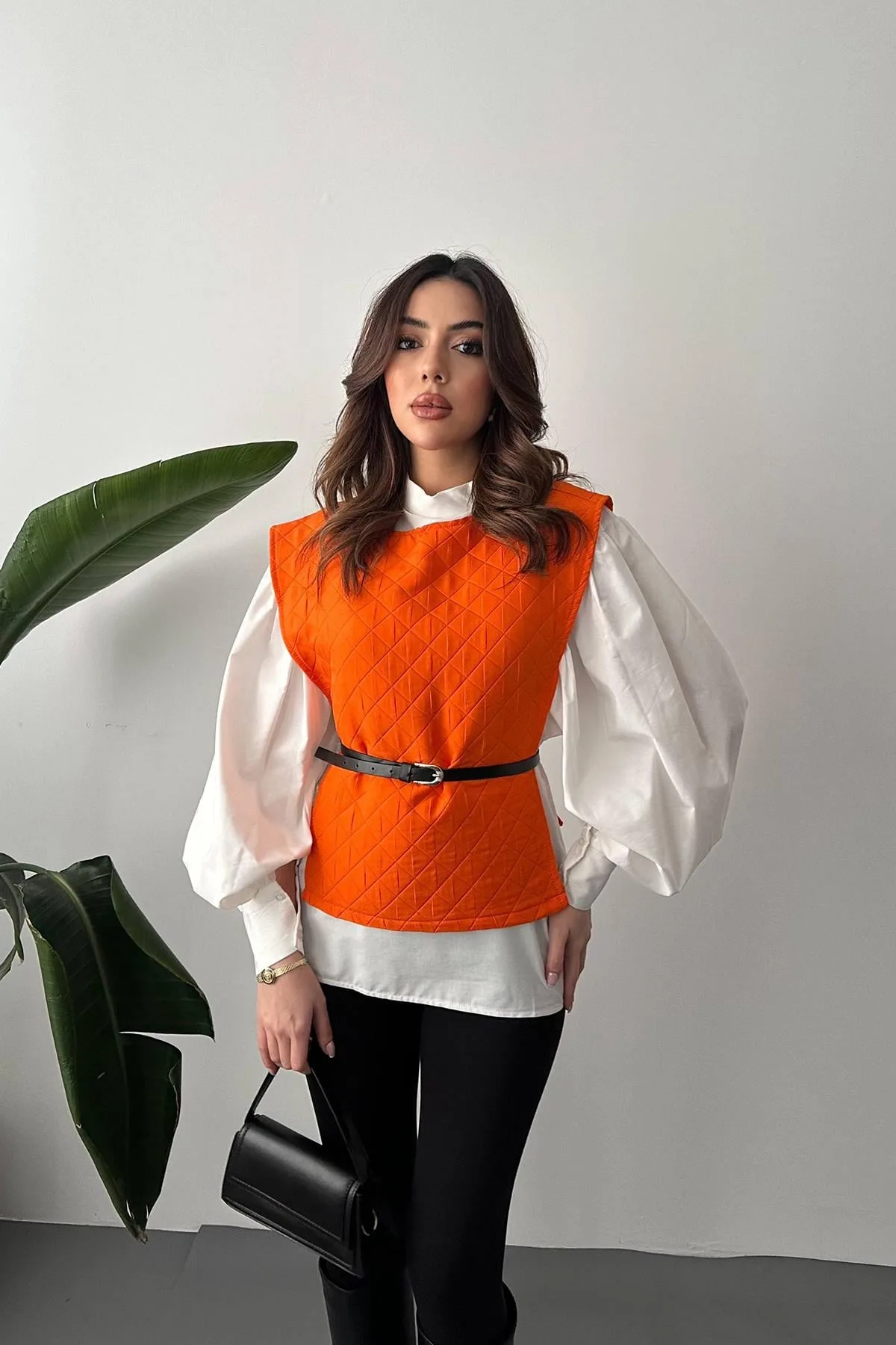 Oranj Kemerli Gömlek Ve Panço Takım - Oranj – Oranj, L
