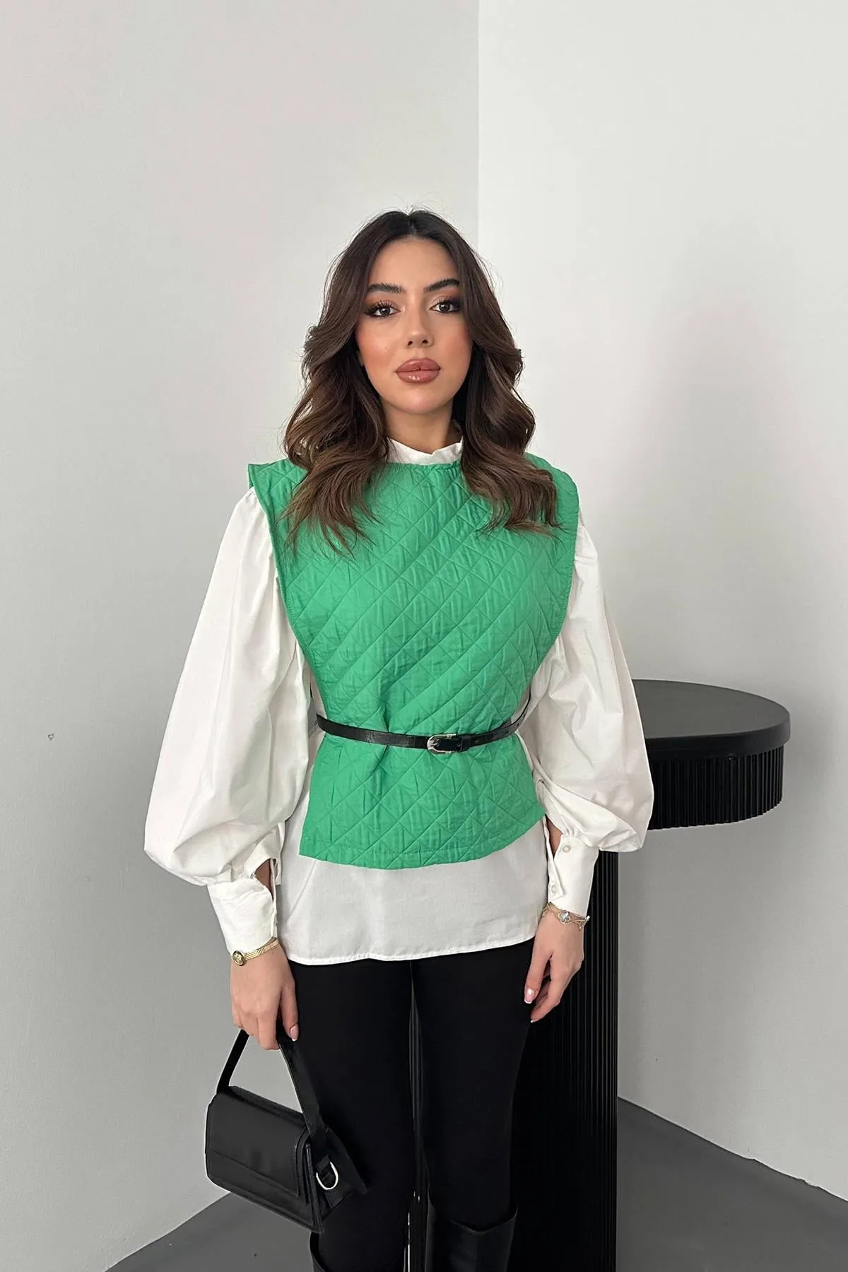 Yeşil Kemerli Gömlek Ve Panço Takım - Yeşil – Yeşil, L