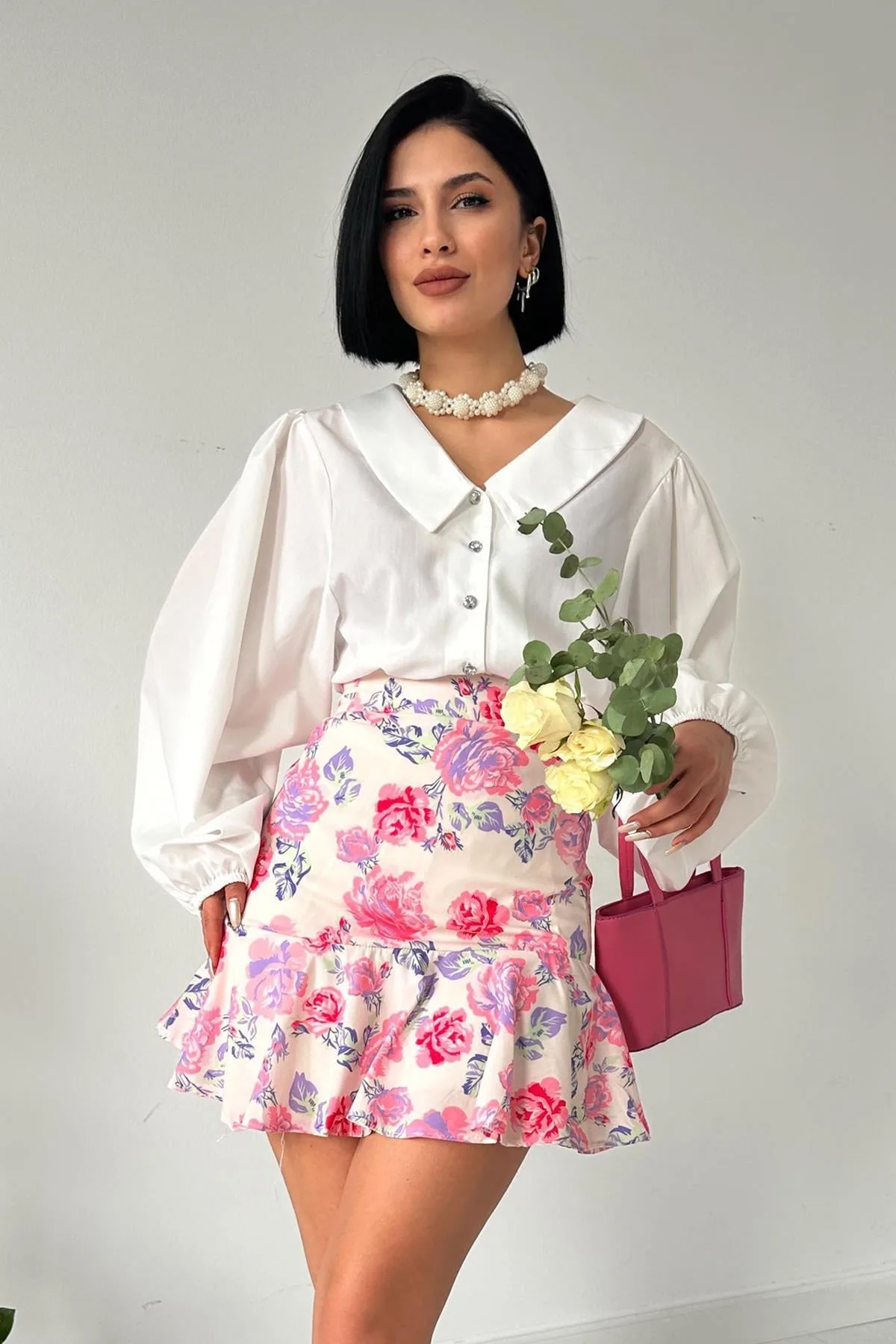 Pembe Çiçekli Etek - Pembe – Pembe, L