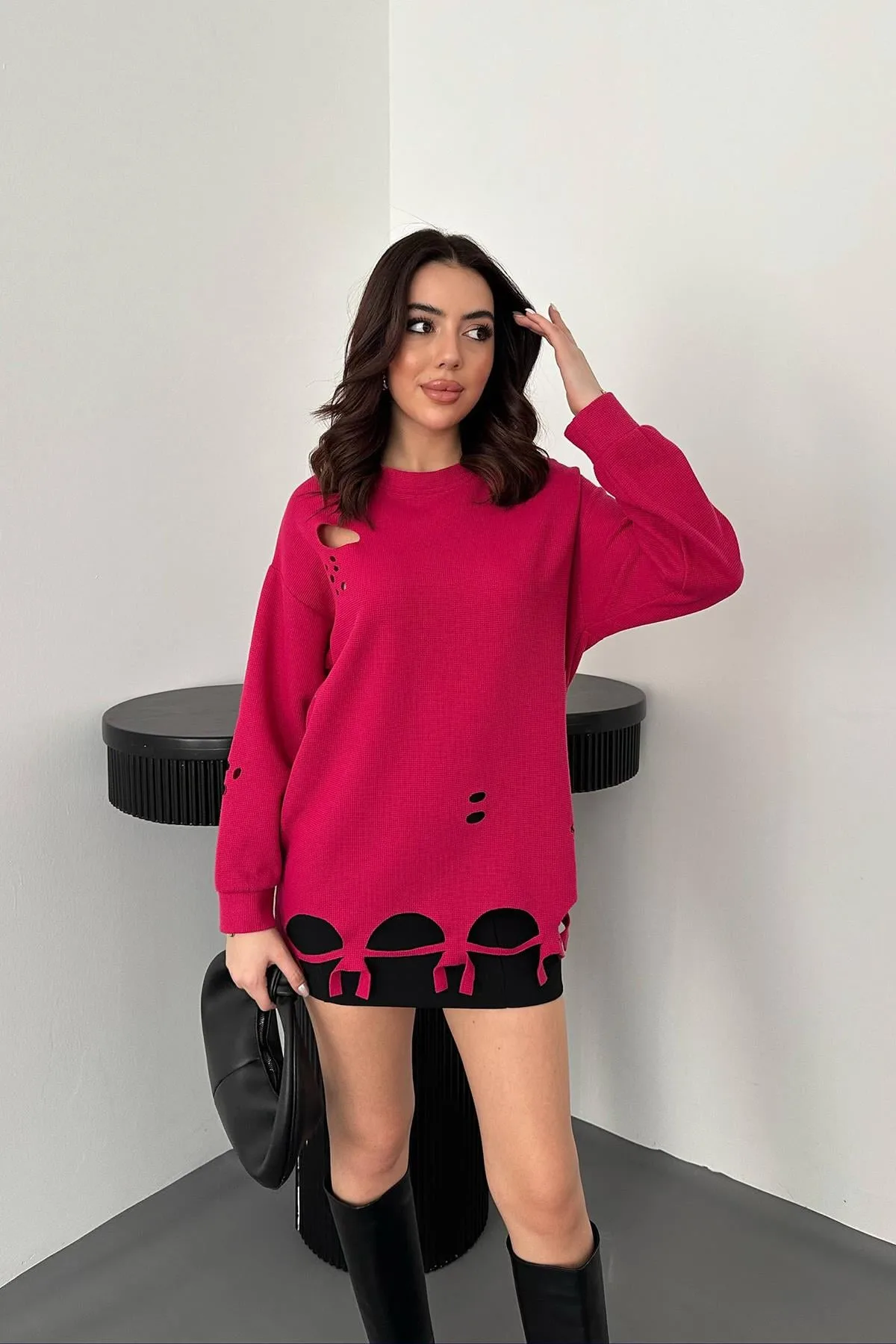 Fuşya Lazer Kesim Bluz - Fuşya – Fuşya, L