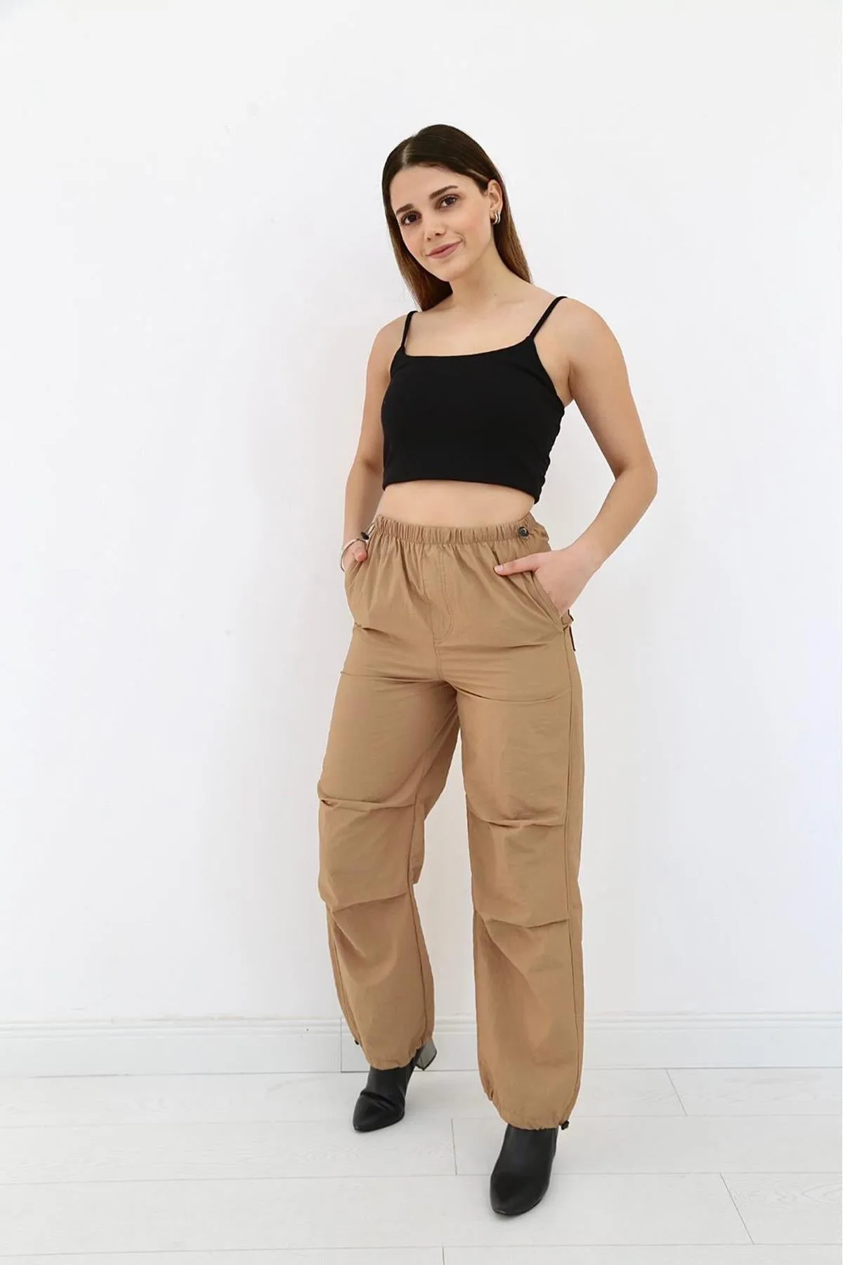 Camel Lastikli Paraşüt Pantolon - Camel – Camel, L