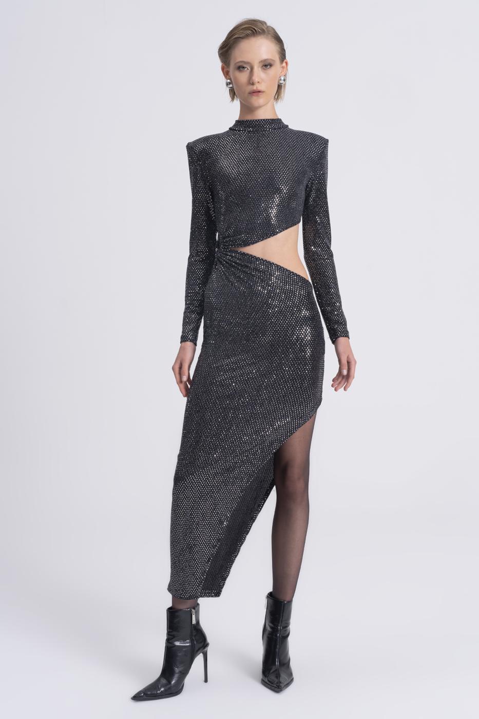 Sequined Deep Slit and Low Waist Midi Dress - Silver