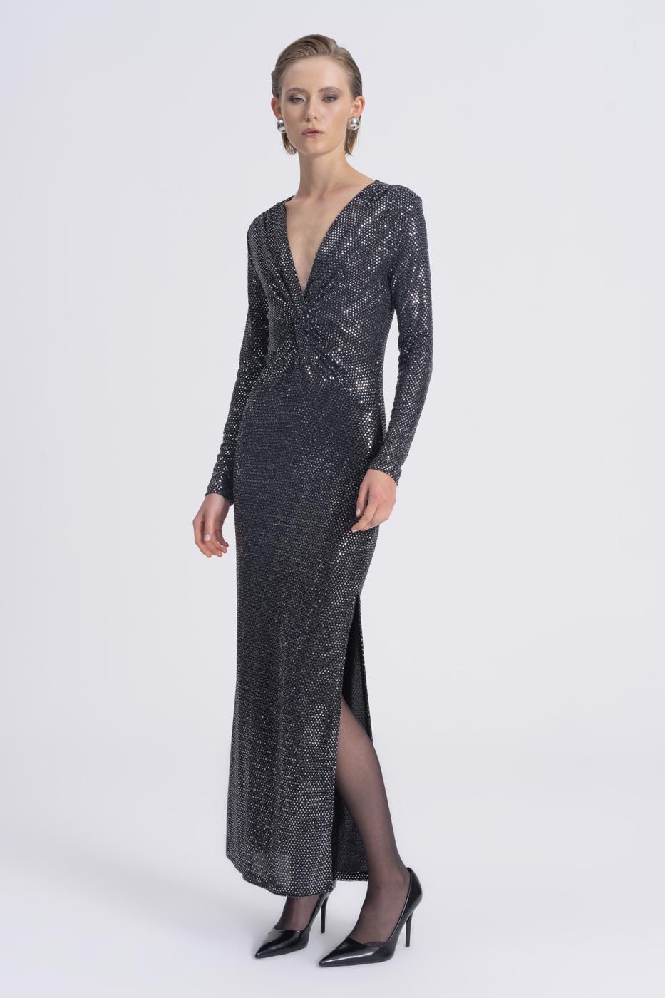 Sequined Twisted Maxi Dress - Silver