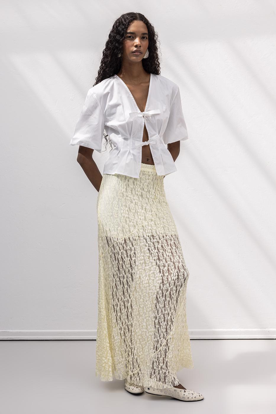 Flounced Lace Midi Skirt - Yellow