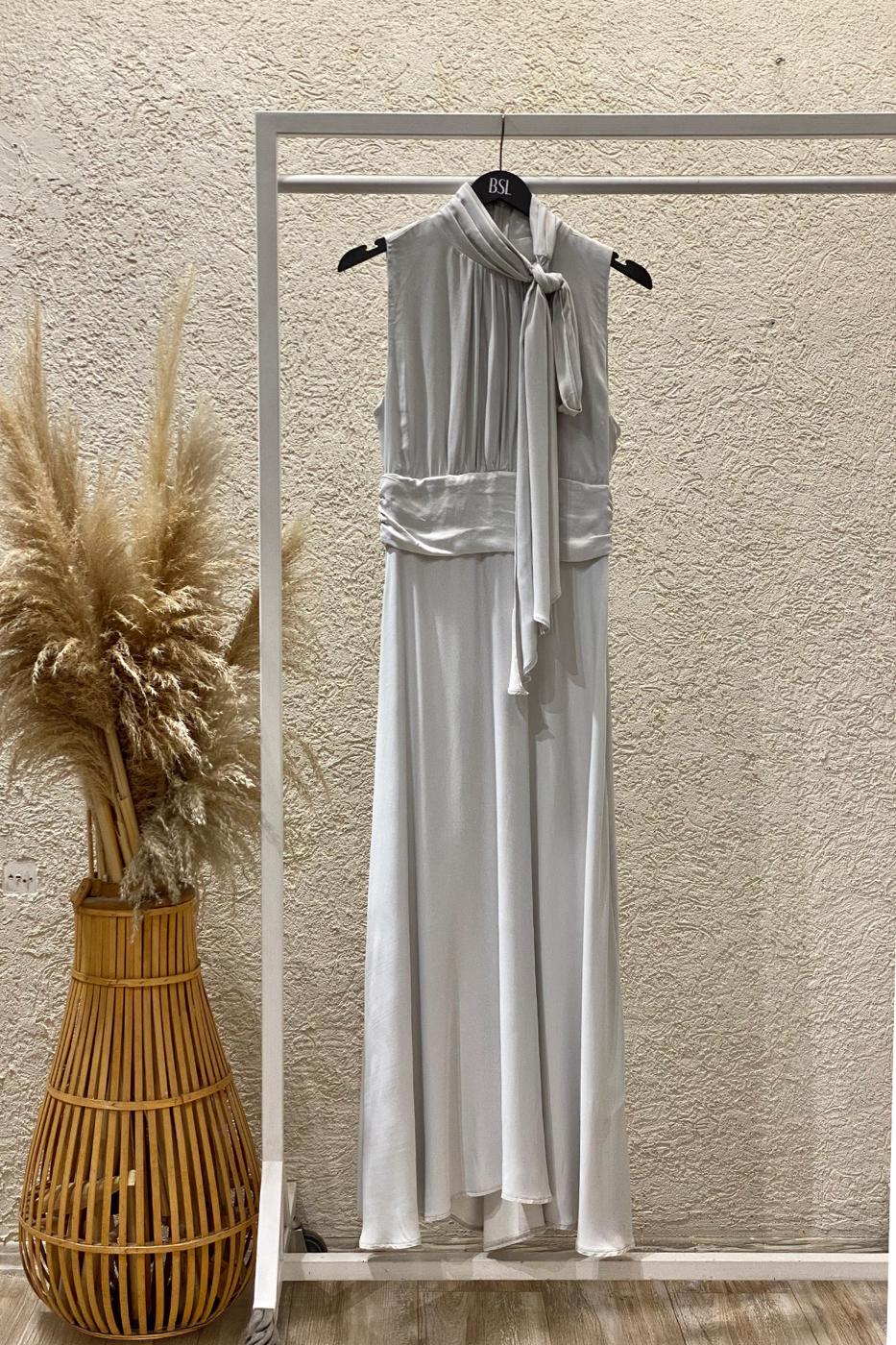 Satin Midi Dress with Stand Collar and Scarf on the Shoulder - Grey