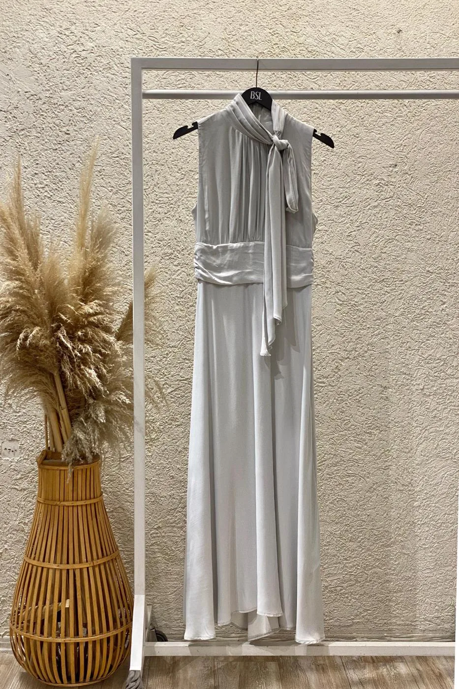 Satin Midi Dress with Stand Collar and Scarf on the Shoulder - Grey – Gri, XS