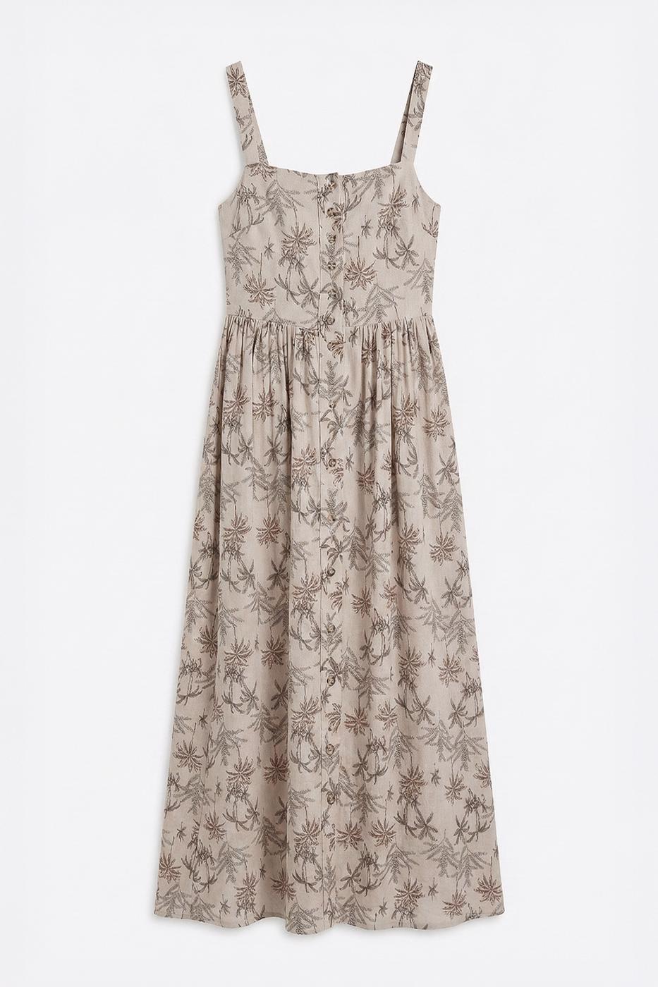Buttoned Strappy Linen Blend Midi Dress - Beige
