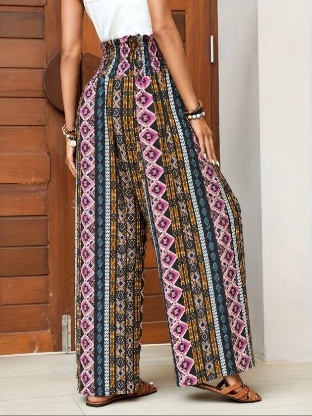 Kadın Yüksek Bel Belden Bağcıklı Desenli Uzun Süprem Pantolon, 35117 - Pembe – Pembe, 2XL-3XL