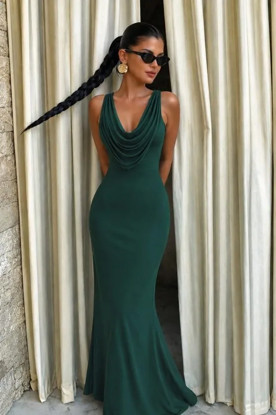 Kadın Askılı Degaje Yakalı Uzun Sandy Elbise, 35072 - Yeşil – Yeşil, 2XL-3XL