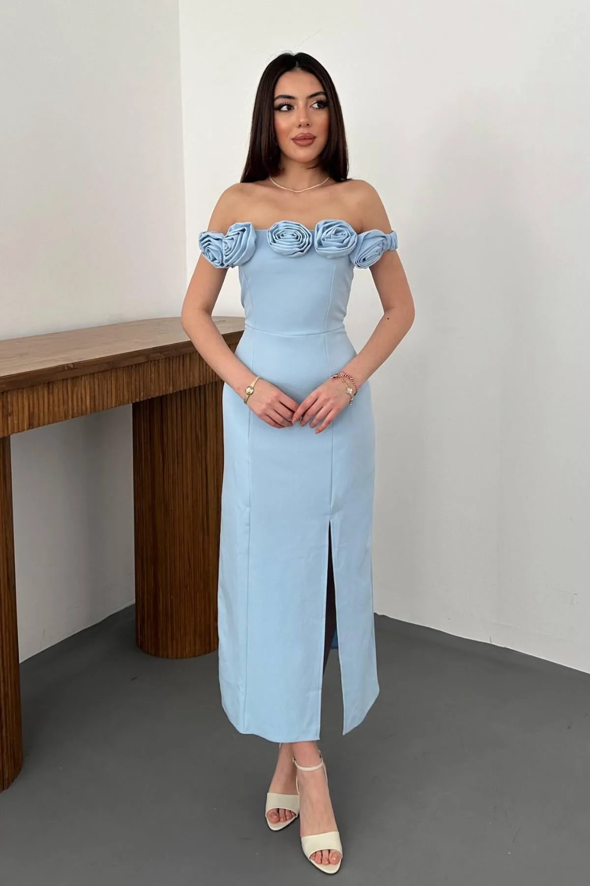 Bebe Mavi Madonna Yaka Güllü Elbise - Bebe Mavi – Bebe Mavisi, L