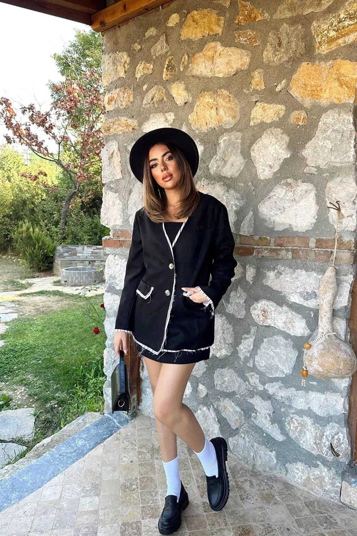 Siyah Çizgili Astarlı Garnili Süet Ceket - Siyah – Siyah, L