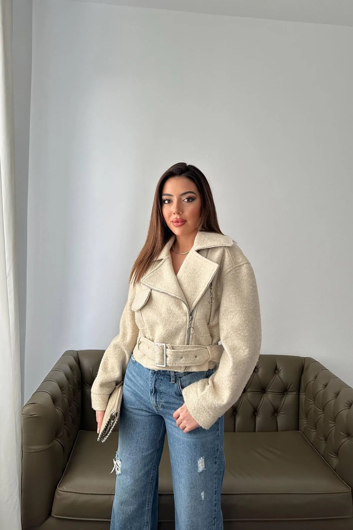 Bej Kuşgözü Kaşe Manto - Bej – Bej, L