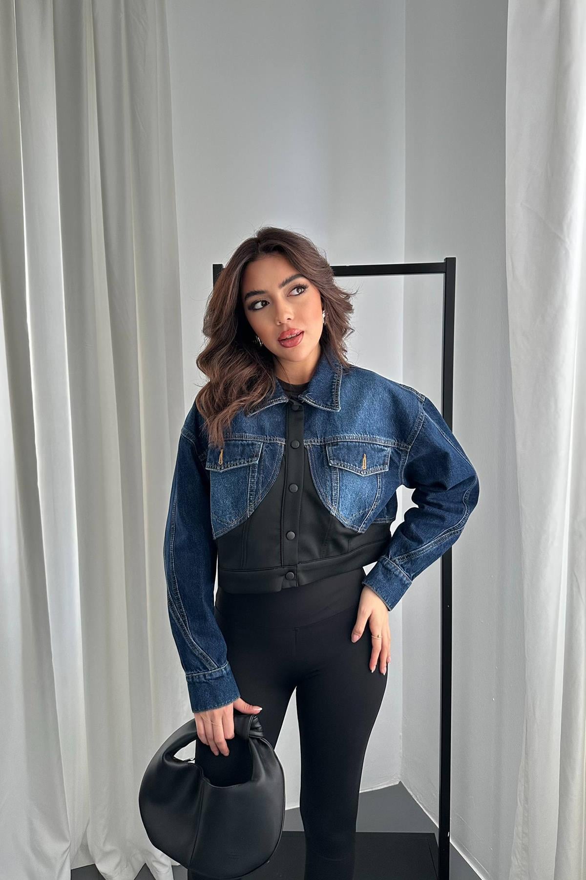 Siyah Denim Scuba Garnili Ceket - Siyah
