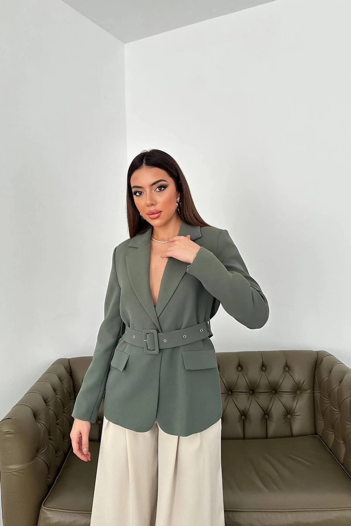 Haki Cep Kapaklı Ve Kemerli Ceket - Haki – Haki, L