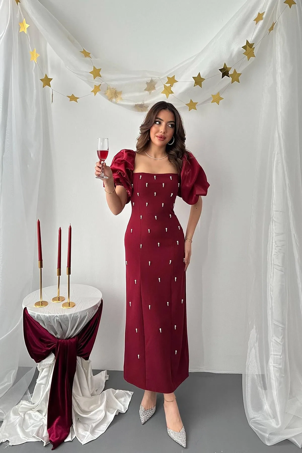 Bordo İşlemeli Kolu Garnili Elbise - Bordo – Bordo, L