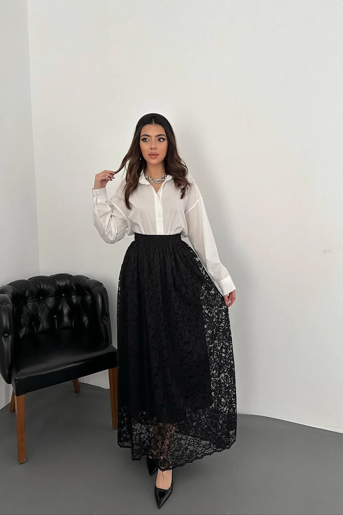 Siyah Dantelli Uzun Etek - Siyah – Siyah, L