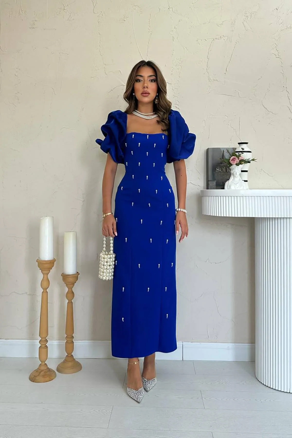 Saks İşlemeli Kolu Garnili Elbise - Saks – Saks, L