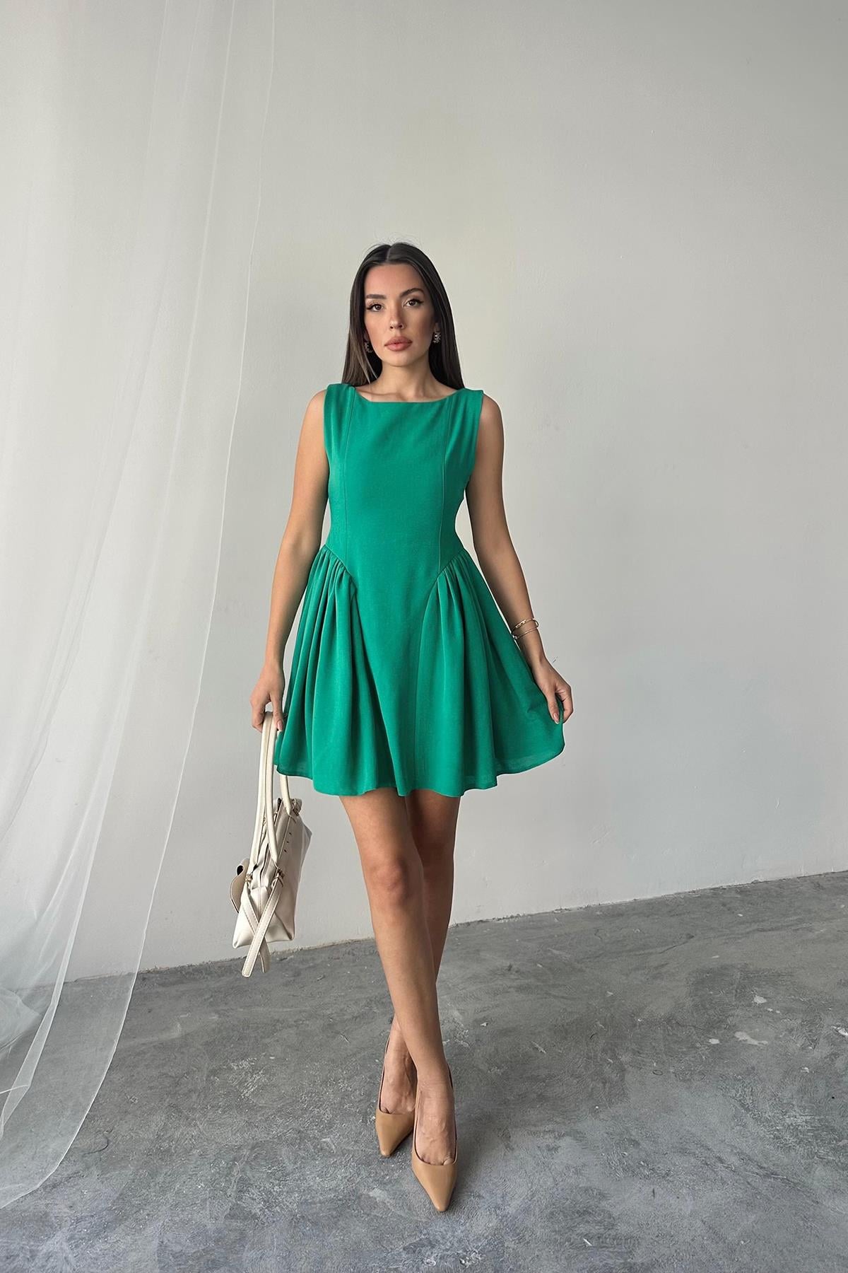 Yeşil Mini Boy Büzgülü Keten Elbise - Yeşil – Yeşil, L