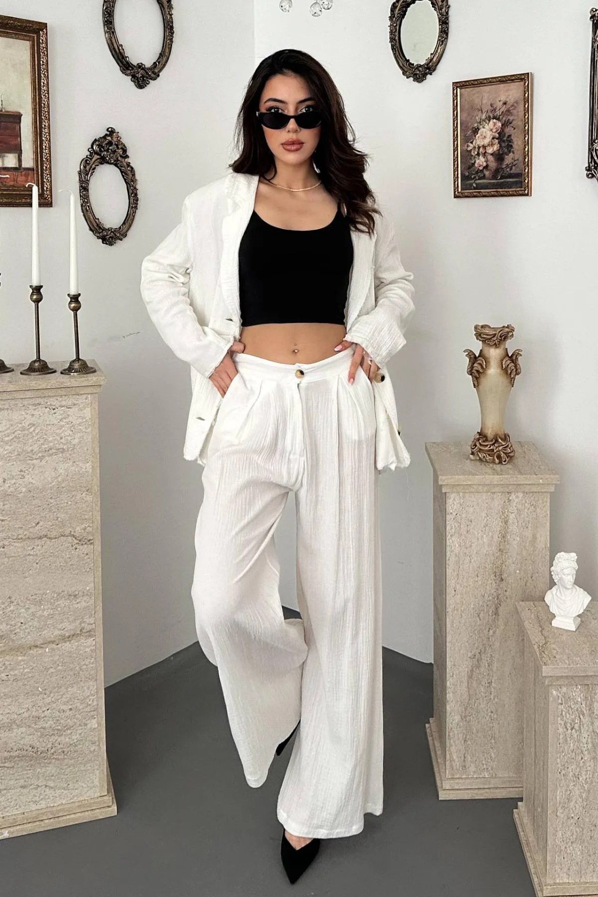Beyaz Oversize Müslin Takım - Beyaz – Beyaz, L