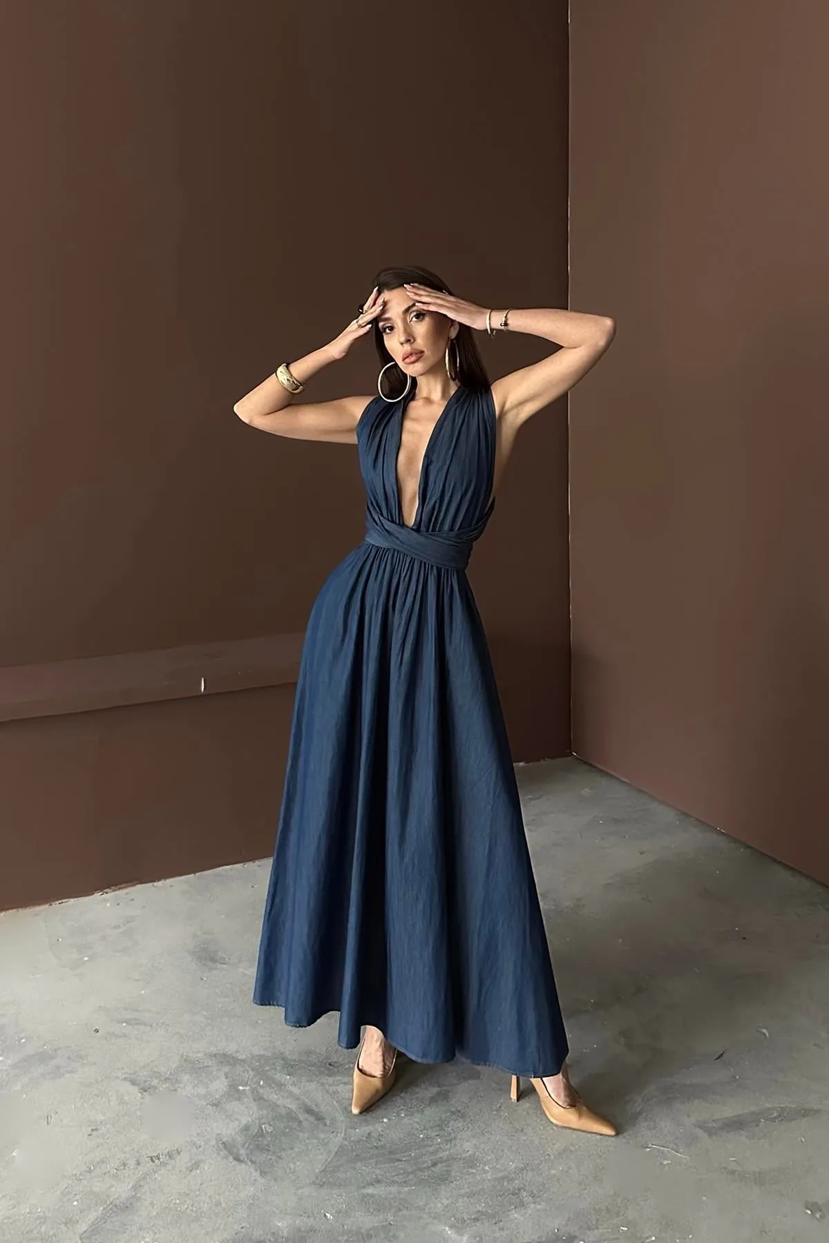 Mavi Tencel Bağlamalı Elbise - Mavi – Mavi, L