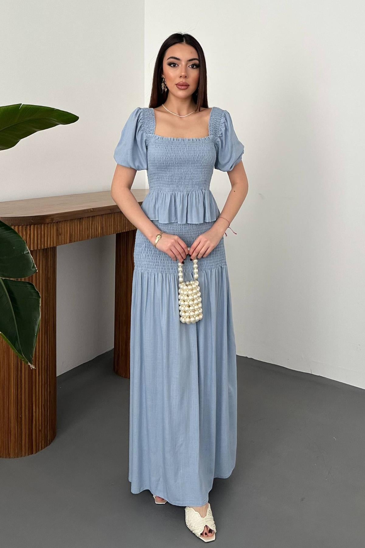 Mavi Gipeli Keten Takım - Mavi