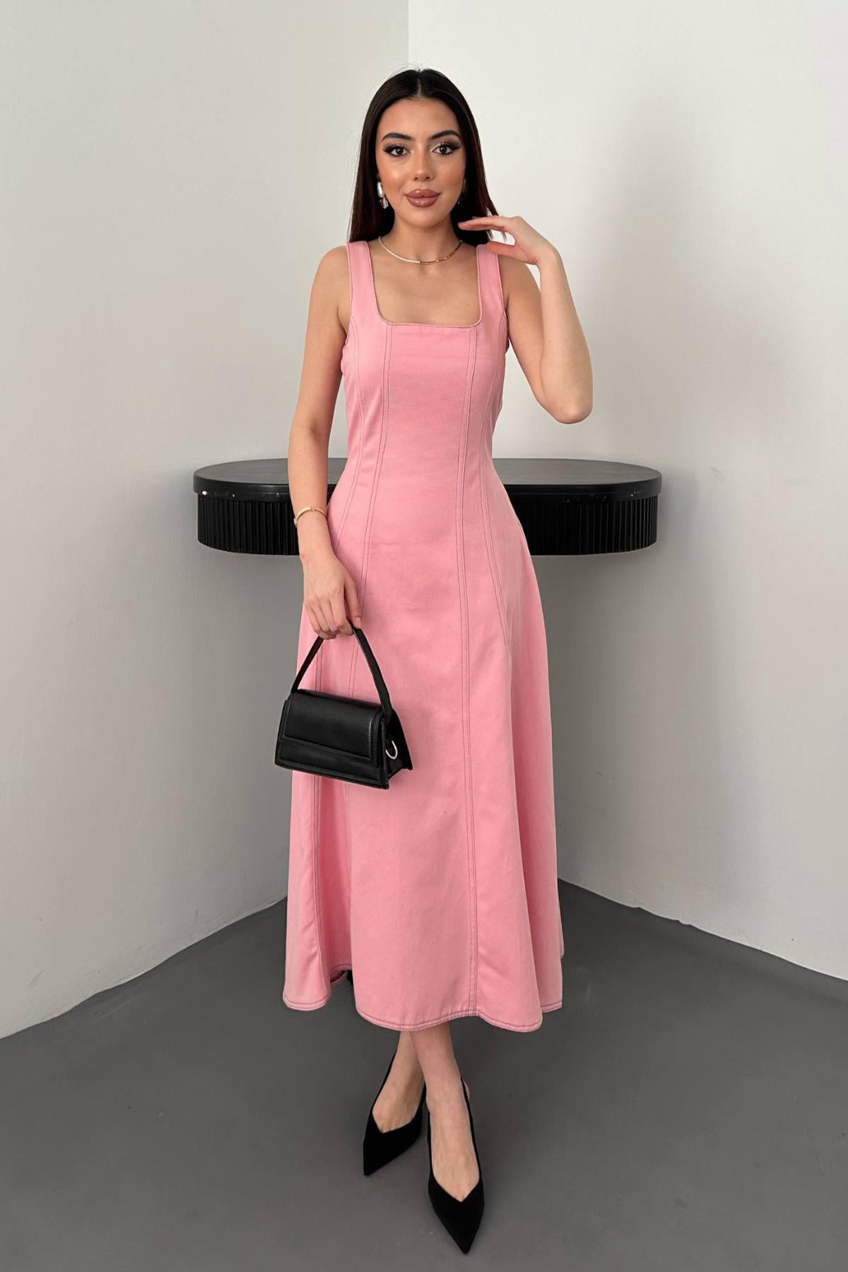Pembe Çift Dikişli Gabardin Elbise - Pembe