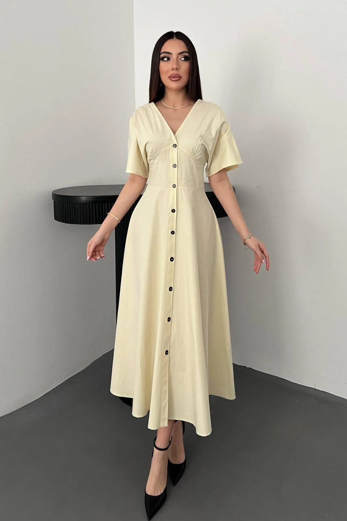 Sarı Düğmeli Midi Boy Poplin Elbise - Sarı – Sarı, L