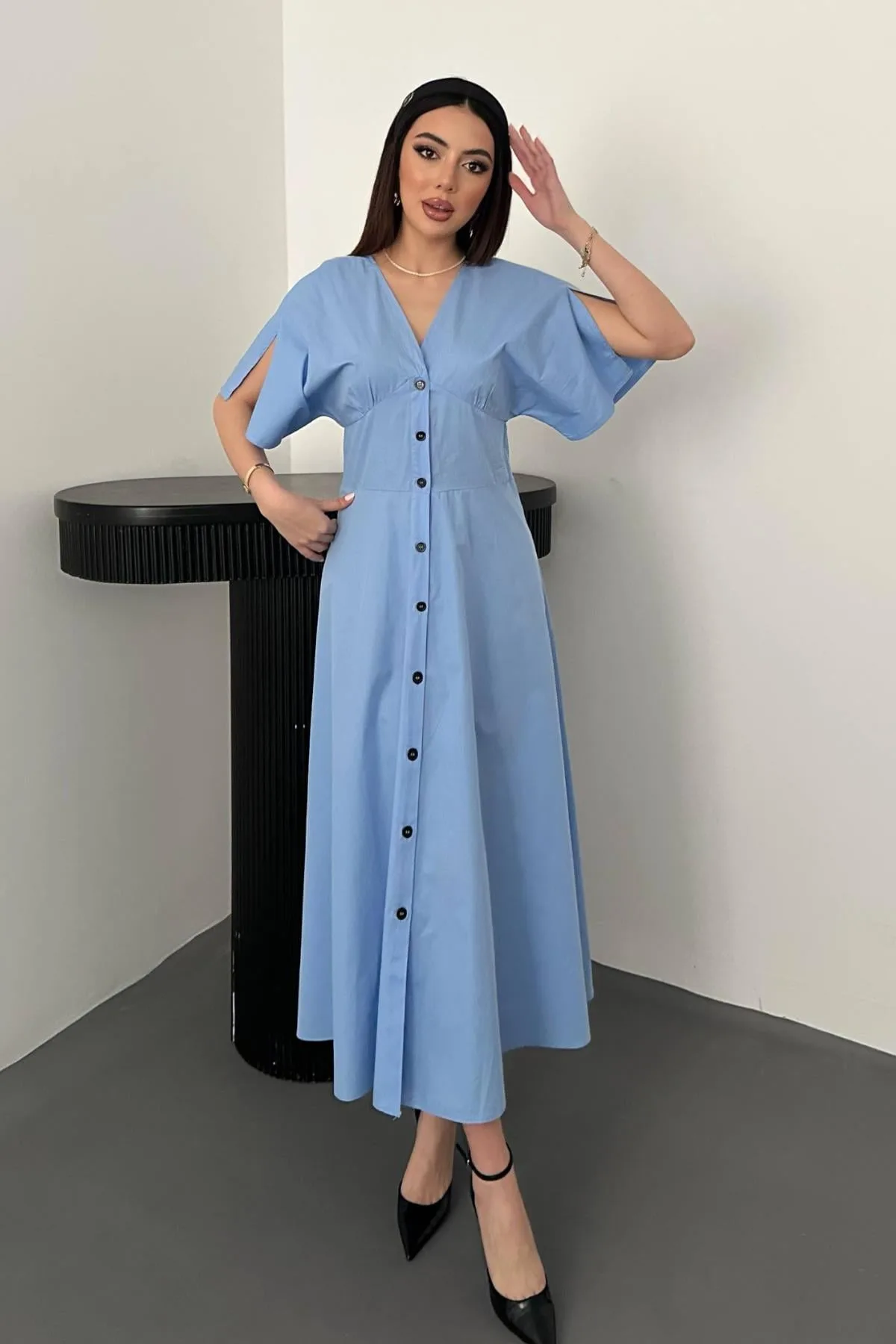 Mavi Düğmeli Midi Boy Poplin Elbise - Mavi – Mavi, L