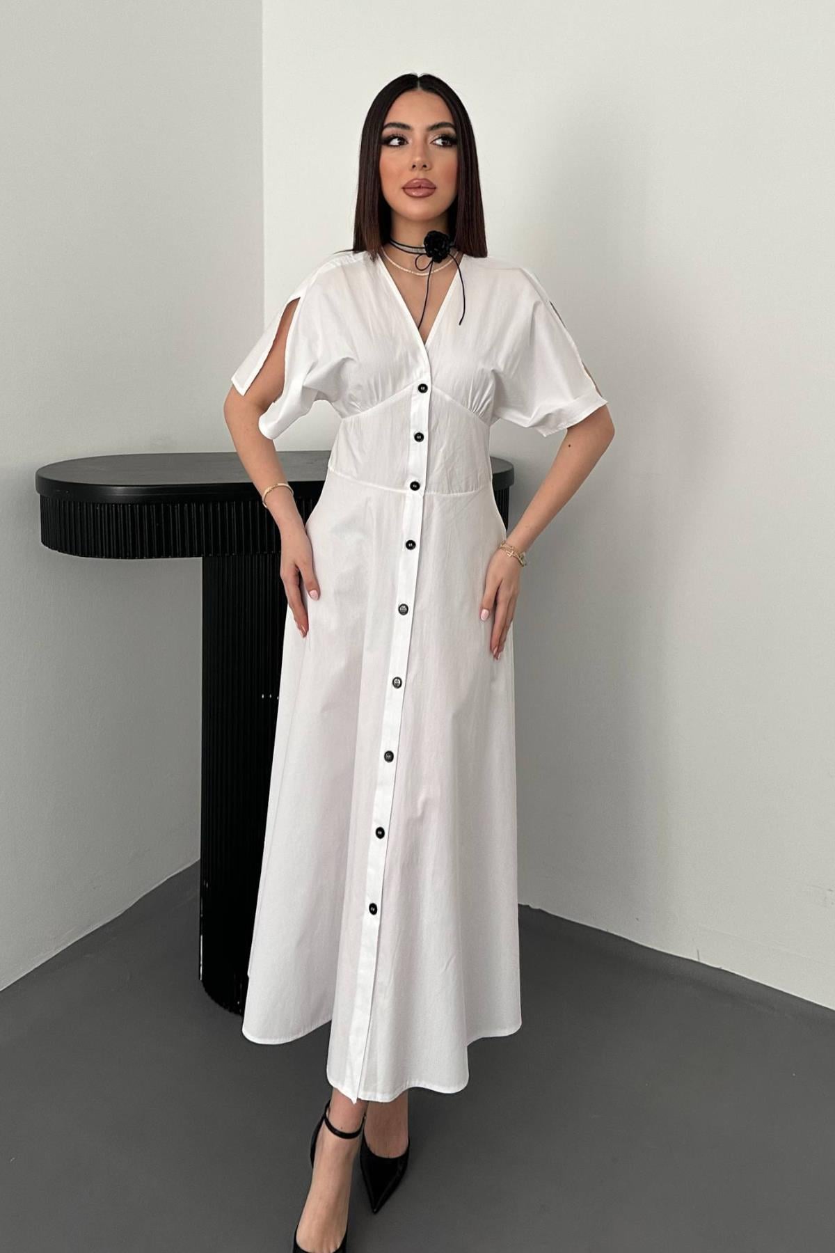 Beyaz Düğmeli Midi Boy Poplin Elbise - Beyaz – Beyaz, L