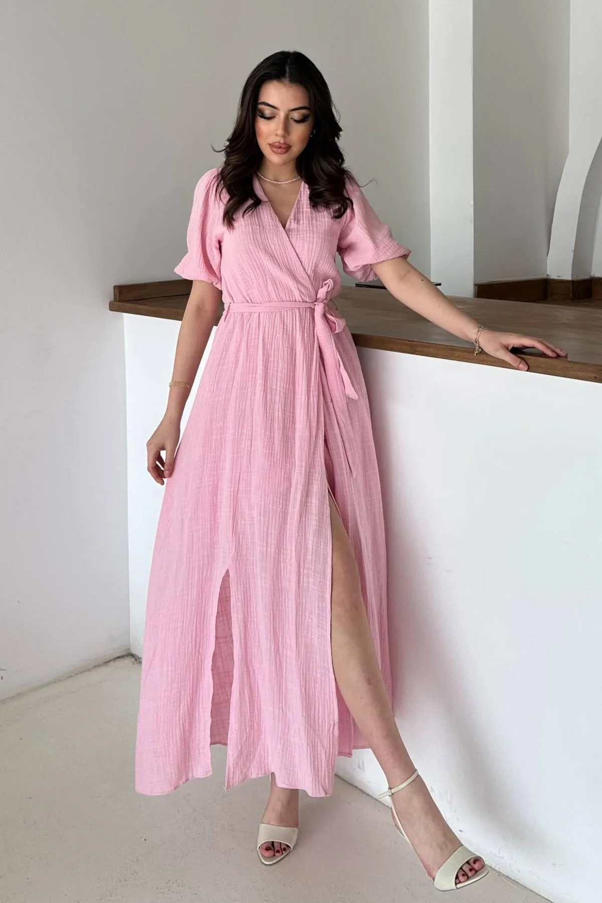 Pembe Kruvaze Yaka Müslin Keten Elbise - Pembe – Pembe, L
