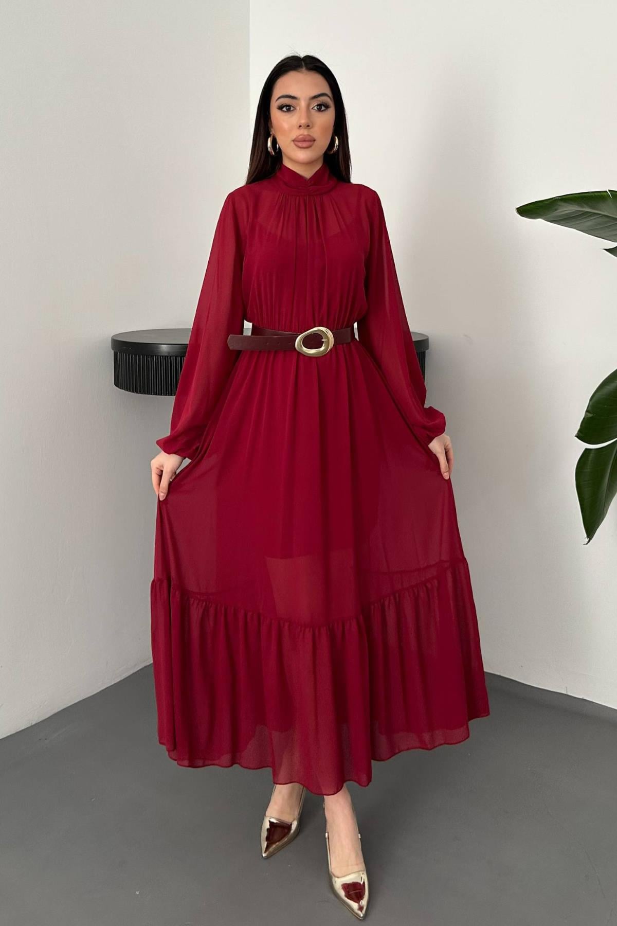 Bordo Eteği Fırfırlı Şifon Elbise - Bordo