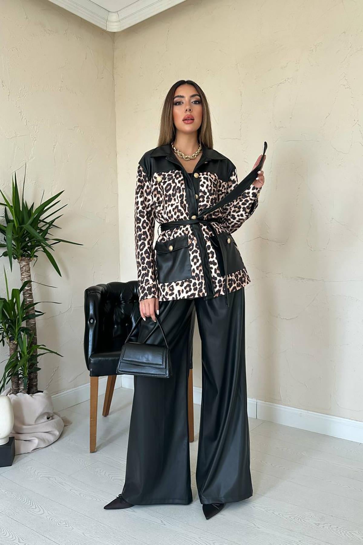 Siyah Deri Garnili Leopar Takım - Siyah – Siyah, L