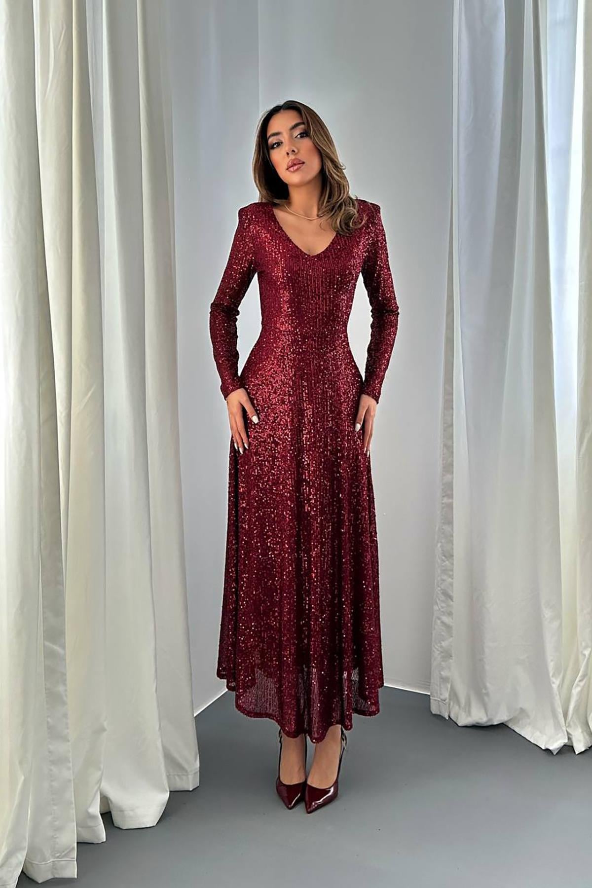 Bordo Sırt Dekolteli Pulpayet Elbise - Bordo – Bordo, L