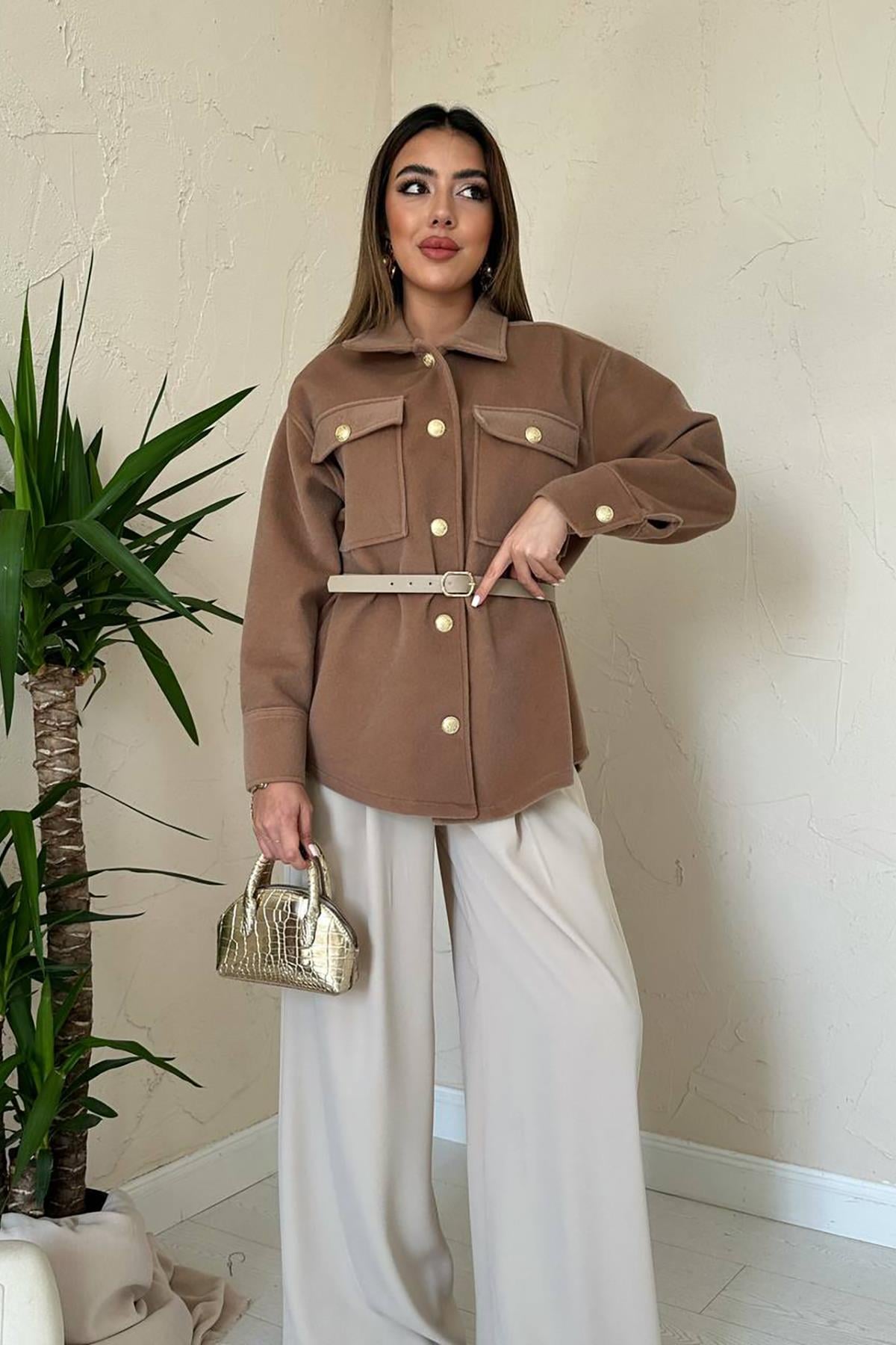 Camel Kaşe Gold Düğmeli Gömlek - Camel