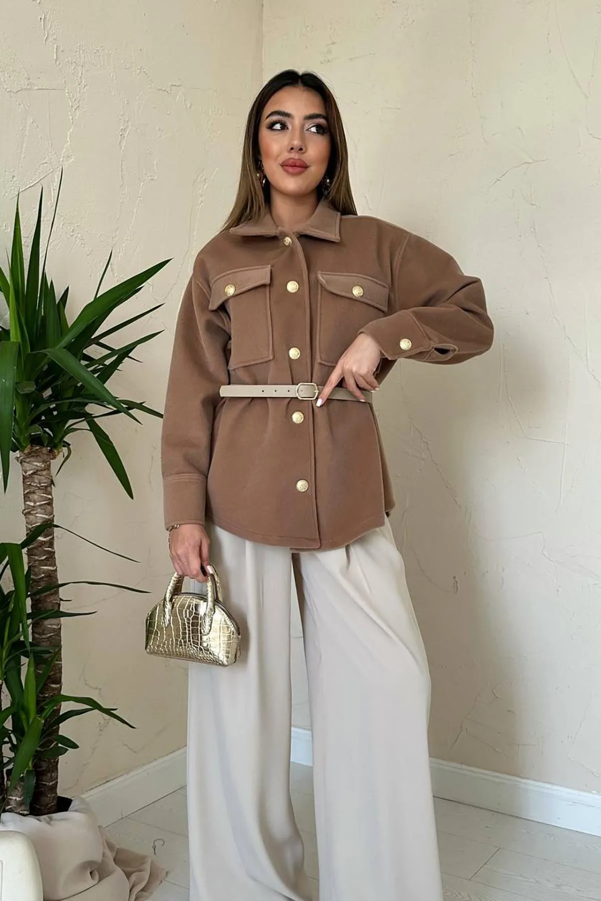 Camel Kaşe Gold Düğmeli Gömlek - Camel – Camel, L