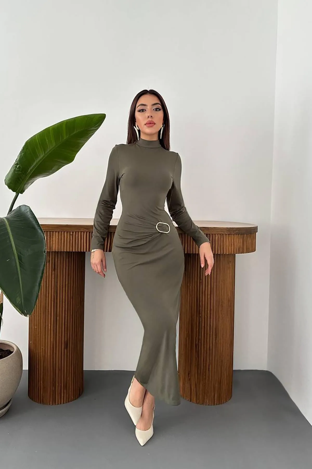 Haki Beli Tokalı Elbise - Haki – Haki, L