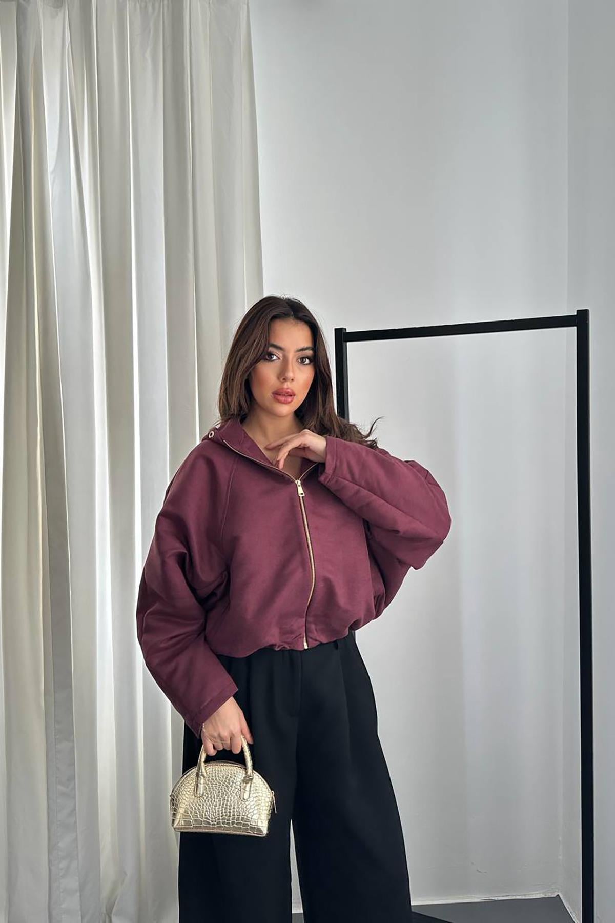 Bordo Kısa Kapüşonlu Ceket - Bordo