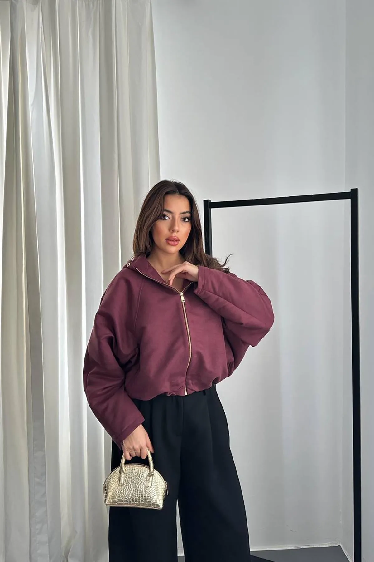 Bordo Kısa Kapüşonlu Ceket - Bordo – Bordo, L