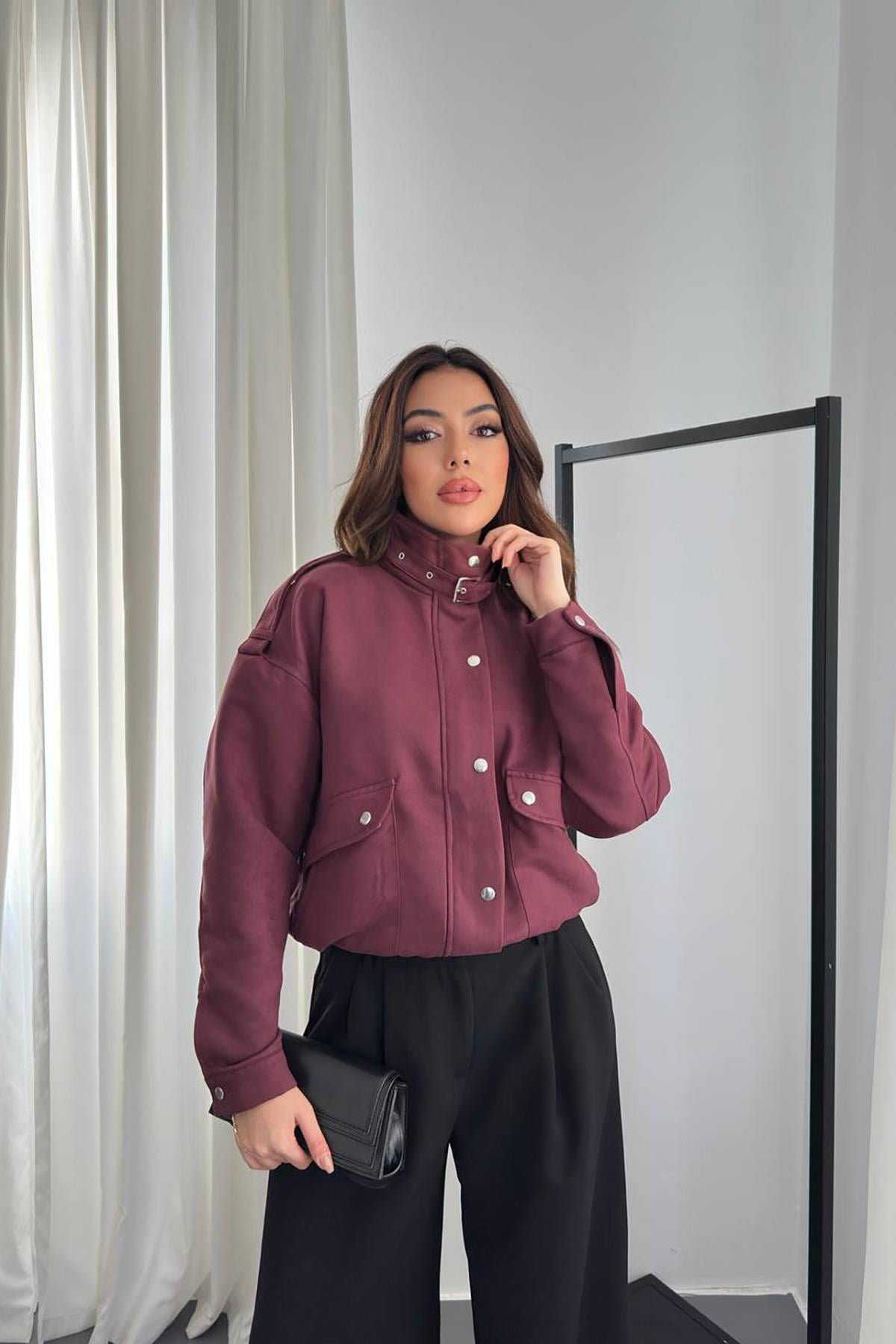Bordo Dik Yakalı Kısa Ceket - Bordo