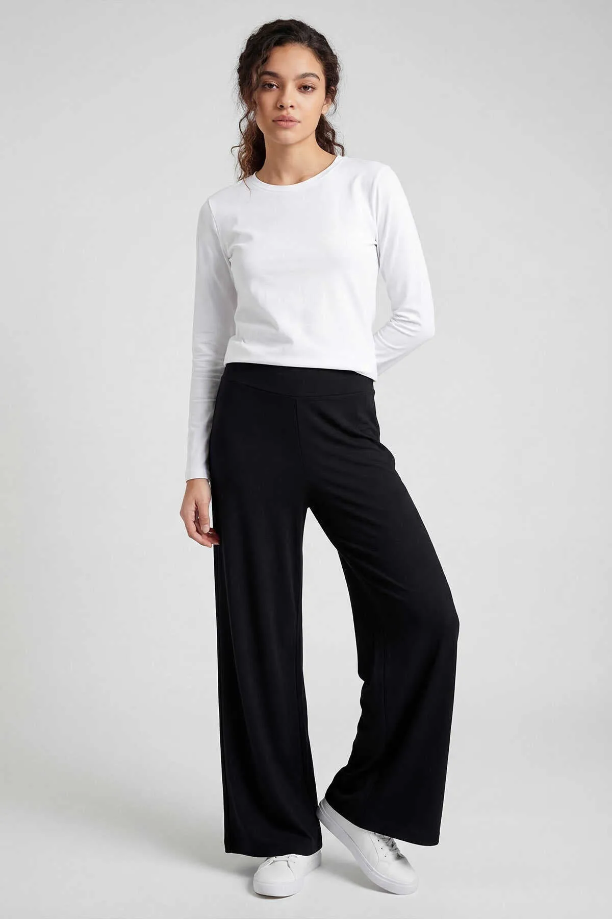 Tommylife Toptan Siyah Comfort Fit Geniş Paça Korsajlı Palazzo Kadın Pantolon - 94681 - Siyah – Siyah, S