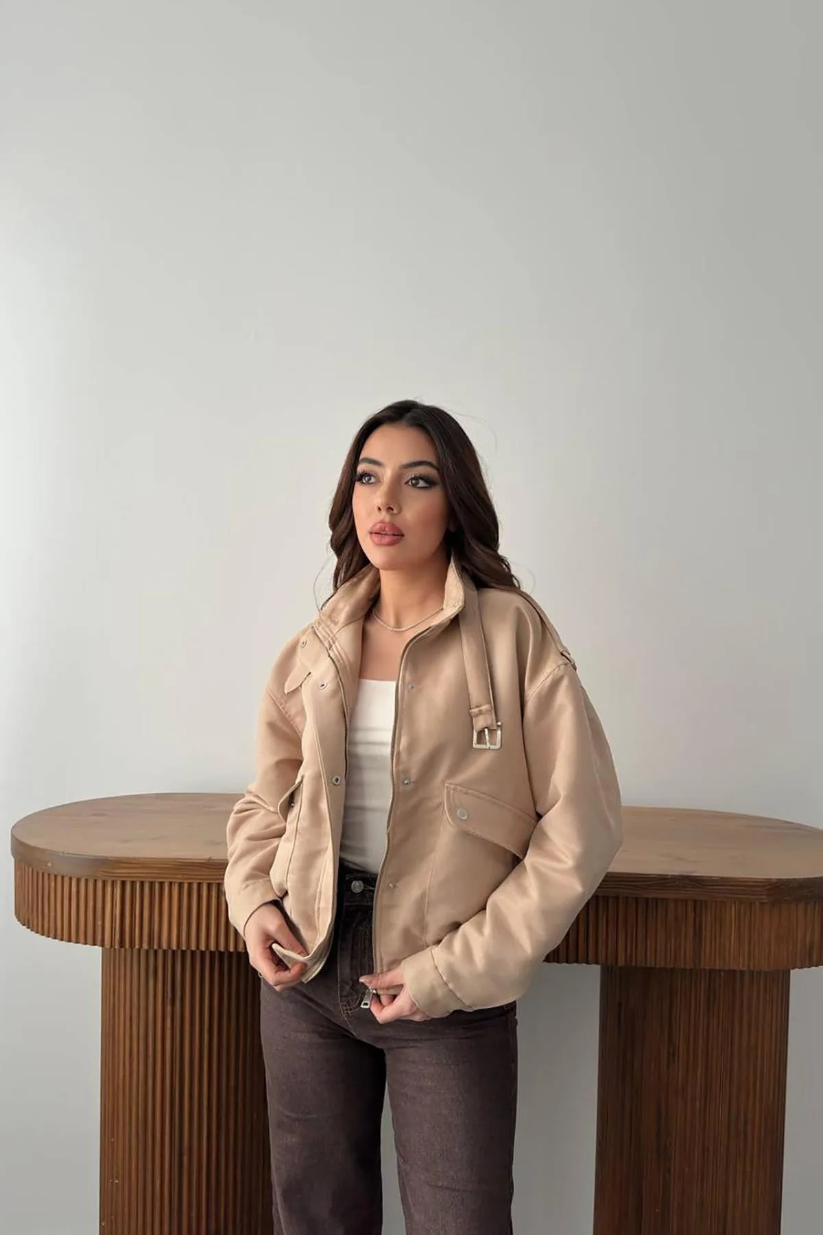 Bej Dik Yakalı Kısa Ceket - Bej – Bej, L